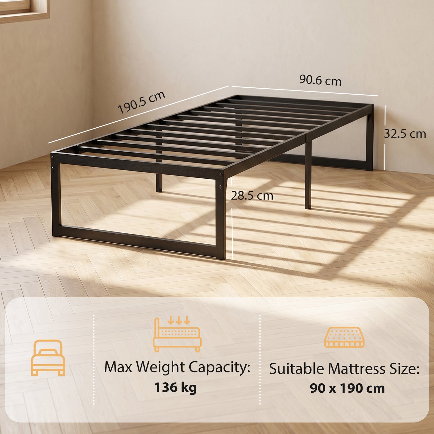 3ft Single Bed Frame with Underbed Storage and Steel Slat Support, 32.5 cm Height, Noise-Free, Black