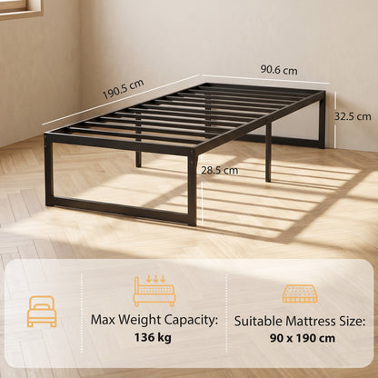 3ft Single Bed Frame with Underbed Storage and Steel Slat Support, 32.5 cm Height, Noise-Free, Black