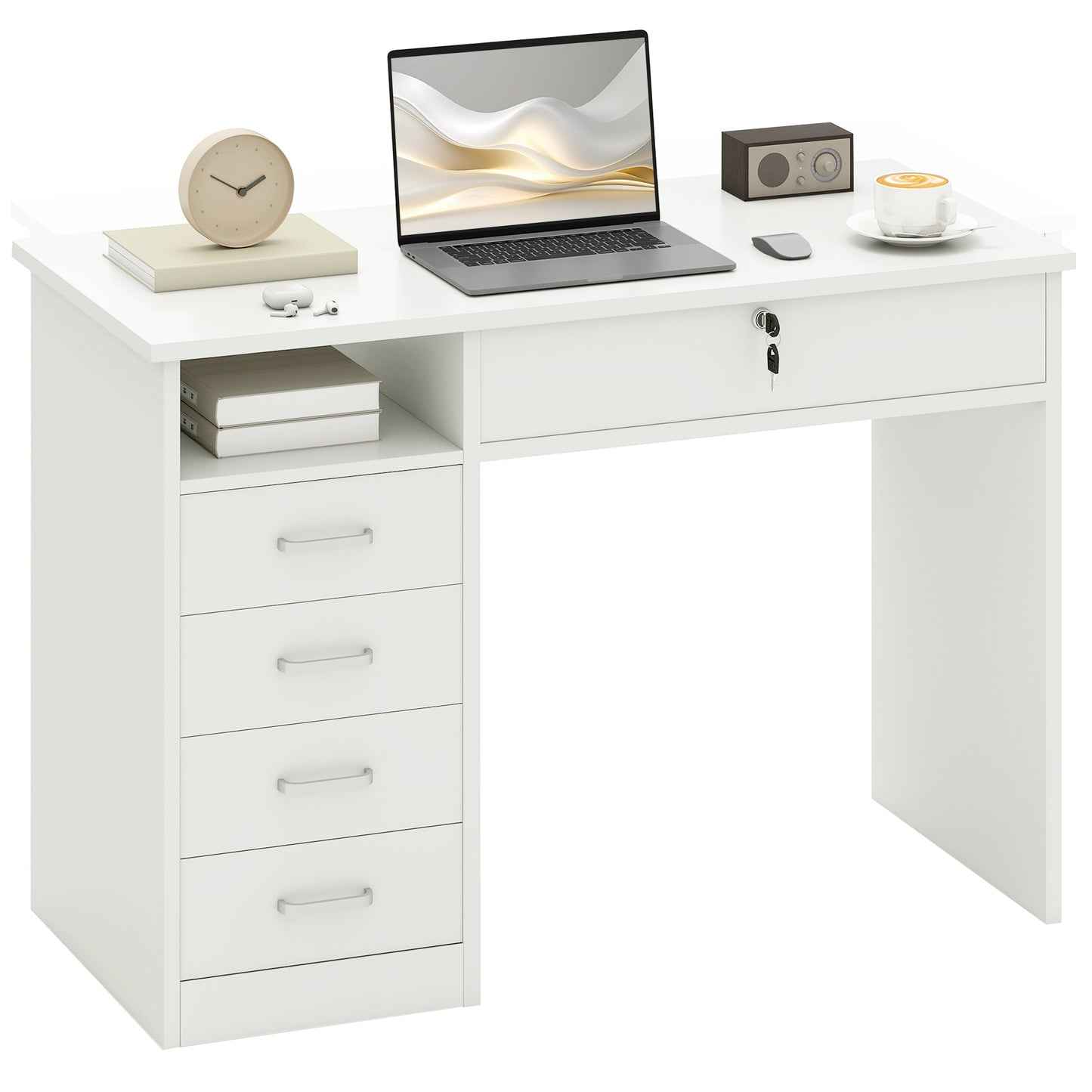 Computer Desk, Home Office Desk with Lockable Drawer, Storage Shelf for Study Bedroom, 110 x 50 x 76 cm, White