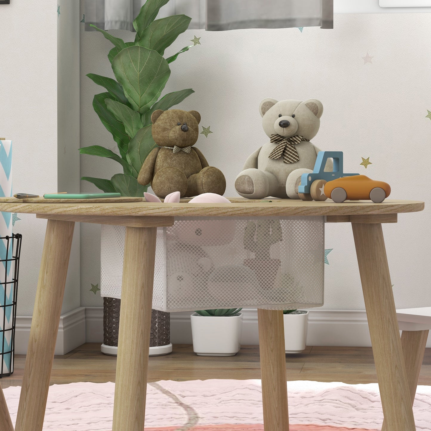 3-Piece Kids Activity Table Set with Centre Mesh Bag, Bear-Shaped Backrest, for Arts and Crafts, Reading, Dining
