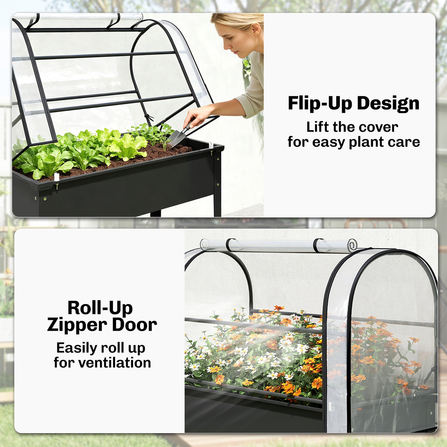 Raised Planter with Flip-Up Greenhouse Cover, Metal Raised Garden Bed on Legs with Drainage Hole, Black