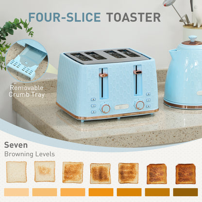 Kettle and Toaster Set, 1.7L 3000W Fast Boil Jug Kettle, 4 Slice Toaster with 7 Level Browning Controls, Light Blue