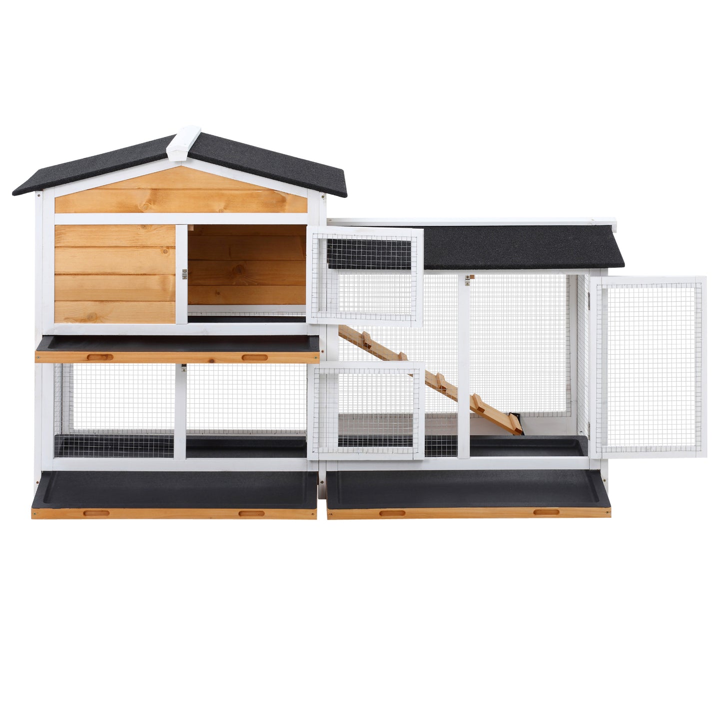 Rabbit Hutch Guinea Pig Hutch Wooden House with Run, 2 Tier Pet Cage Outdoor with No-leak Plastic Trays, 157.4 x 53 x 93.5cm