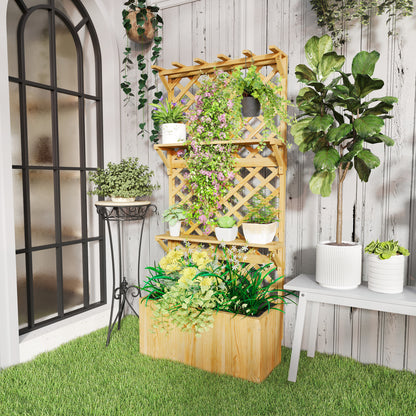52L Wooden Planter, with Trellis and Shelves - Natural Finish