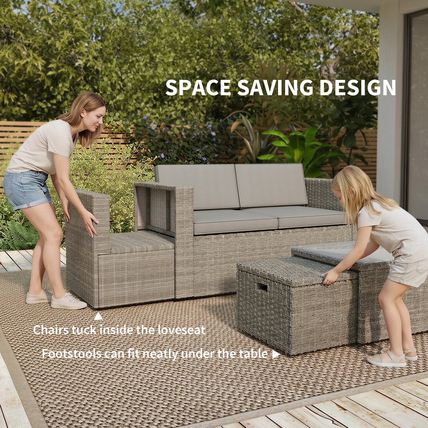 6 Piece Rattan Garden Furniture Set Loveseat, Chairs, Table, Footstools, Dark Grey