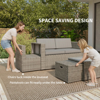 6 Piece Rattan Garden Furniture Set Loveseat, Chairs, Table, Footstools, Dark Grey