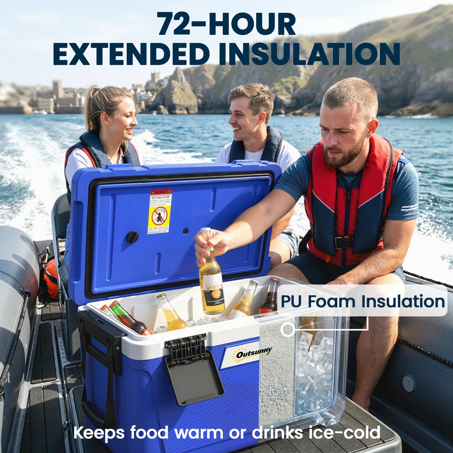 42.6L Insulated Cool Box, Lightweight Portable Ice Cooler with Handle, Lid and Drain Valve, Dark Blue