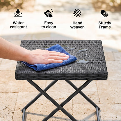 Square PE Wicker Rattan Folding Table - Black