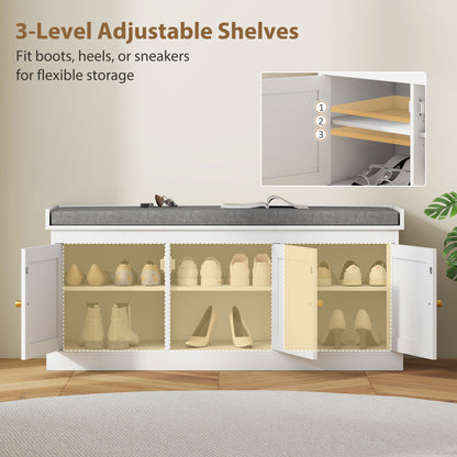 Shoe Storage Bench with Woven Rattan Doors, Seat - White