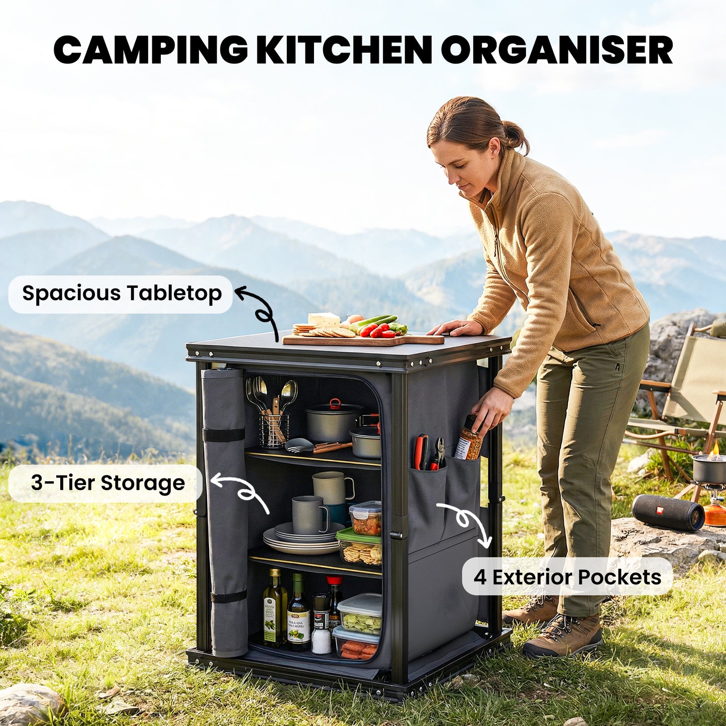 Camping Camping Cupboards, Folding Portable Kitchen Table with 3-Tier Storage, Black