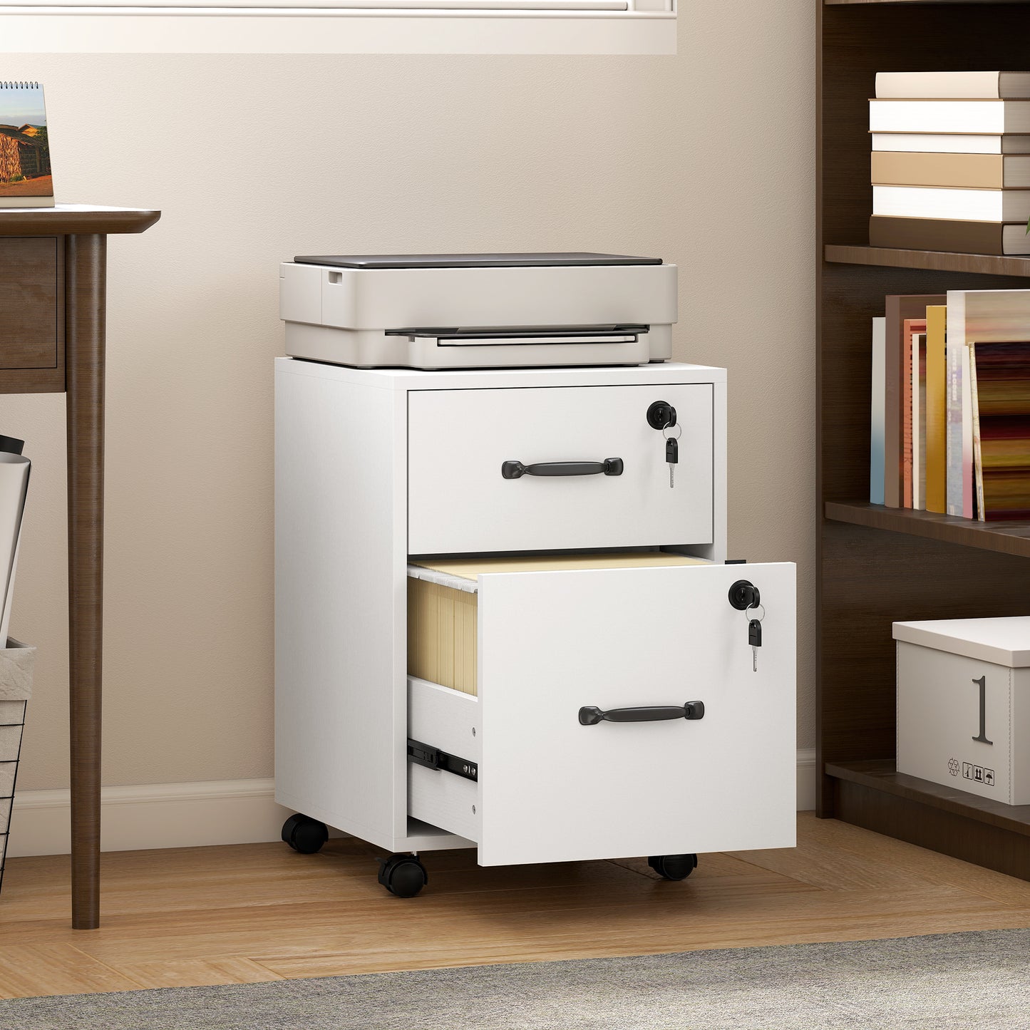 Rolling File Cabinet with 2 Drawers, Mobile Filing Cabinet with Hanging File Folder for Letter Sized Documents, White