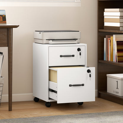 Rolling File Cabinet with 2 Drawers, Mobile Filing Cabinet with Hanging File Folder for Letter Sized Documents, White