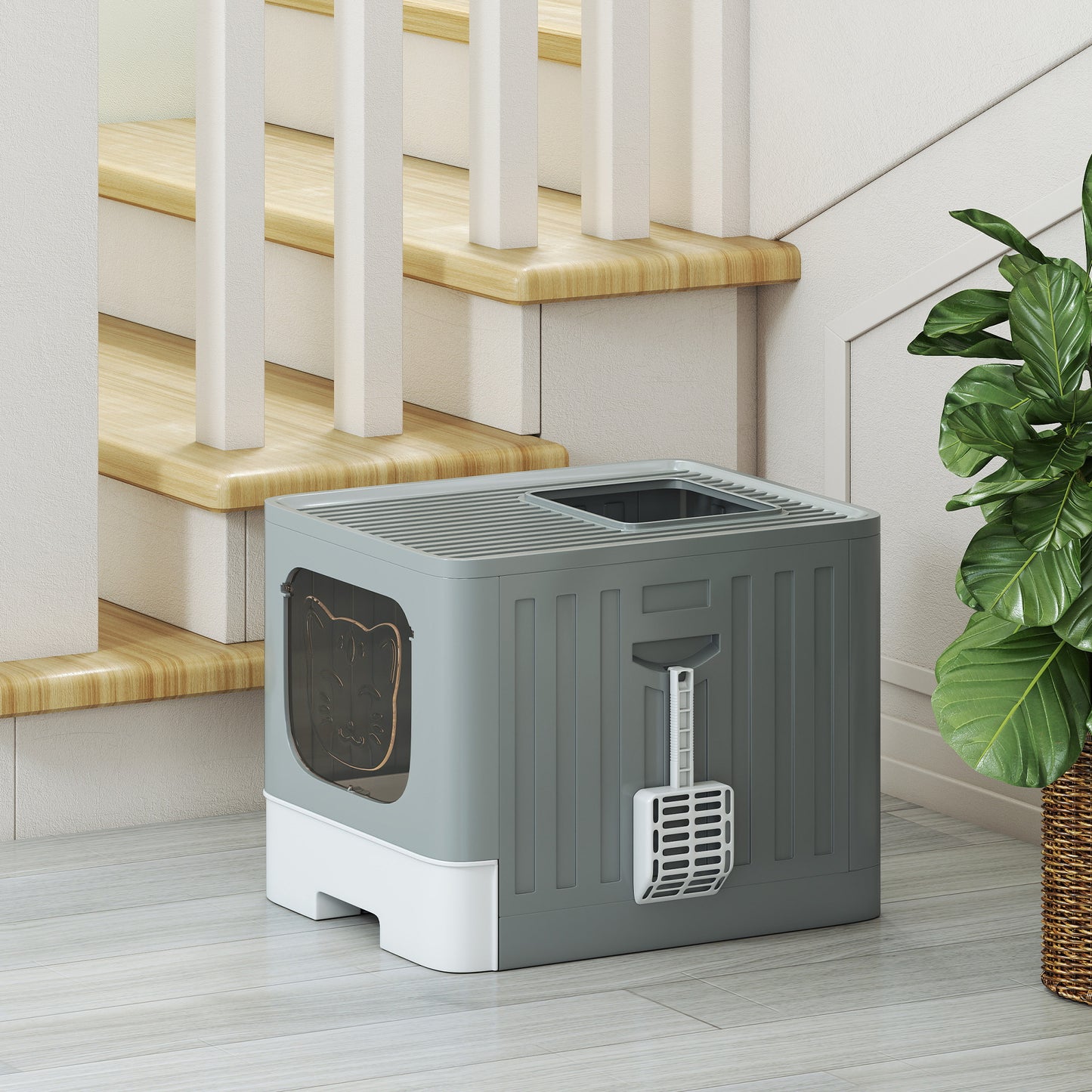 Cat Litter Box with Lid, Slide-Out Drawer, Scoop, Easy Clean, Odour Control, Anti-Splashing, Grey