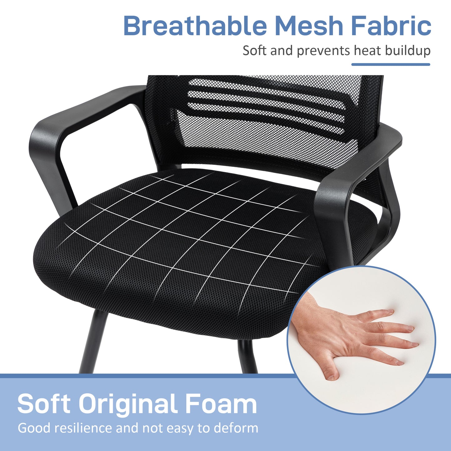 Ergonomic Desk Chair No Wheels, Padded Meeting Office Chair with Sled Base for Bedroom, Waiting, Reception, Black