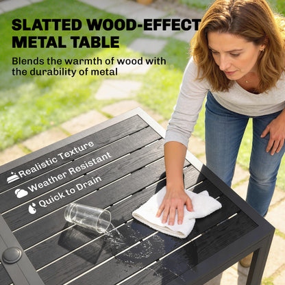 Garden Dining Set for 6, Faux Wood Metal Outdoor Table and Stackable Chairs with Plastic Rattan Effect Seat, Black