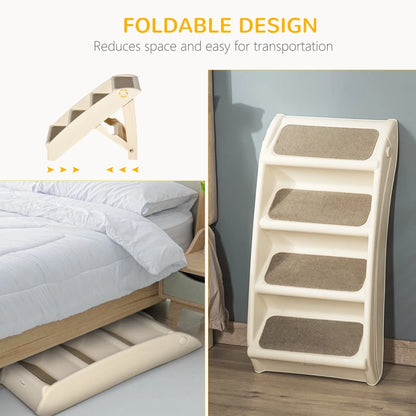 4-Step Foldable Pet Stairs with Plastic Surrounding and Anti Slip Carpeting - Beige