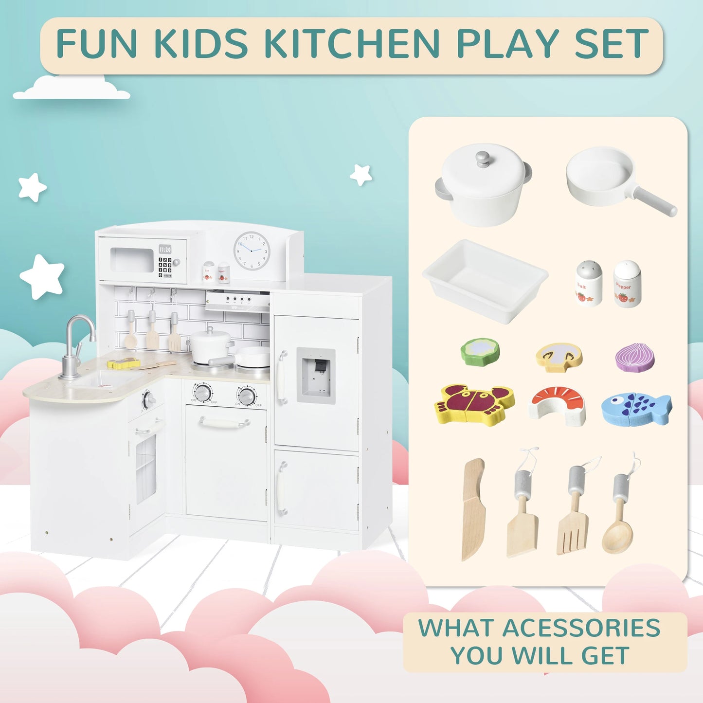 Kids Kitchen Playset with Tap, Fridge and Microwave - White