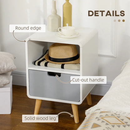 Two-Tone Wooden Side Table / Bedside Table with Drawer and Open Style Shelf