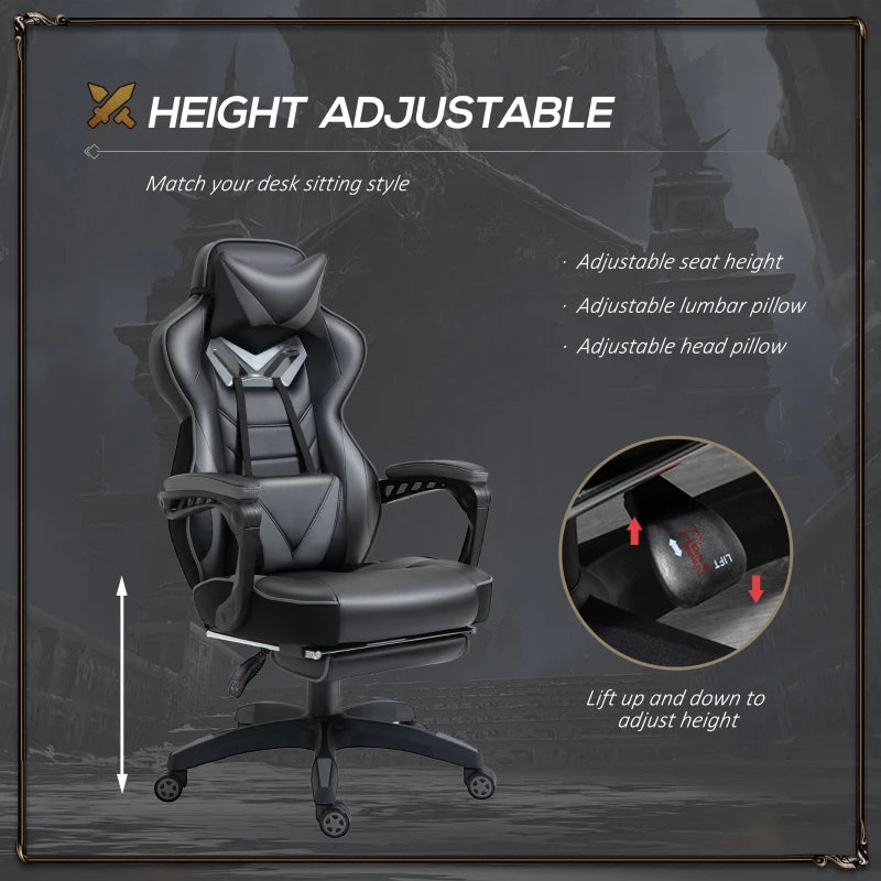 Computer Gaming Chair with Lumbar Support and Footrest - Grey / Black