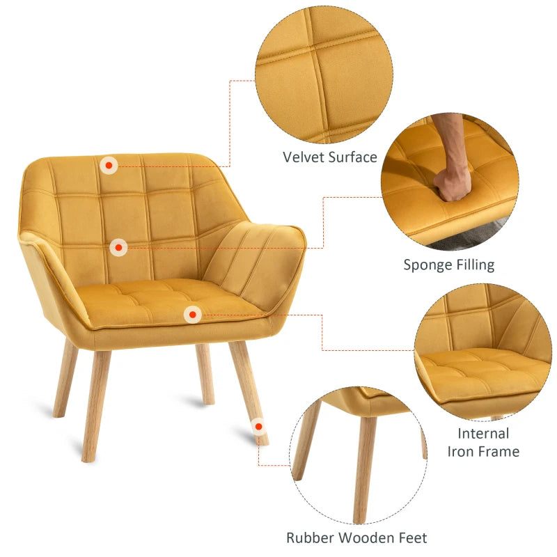 Wide Slanted Back Armchair with Padded Cushion, Iron Frame & Wooden Legs - Yellow