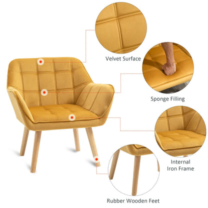 Wide Slanted Back Armchair with Padded Cushion, Iron Frame & Wooden Legs - Yellow