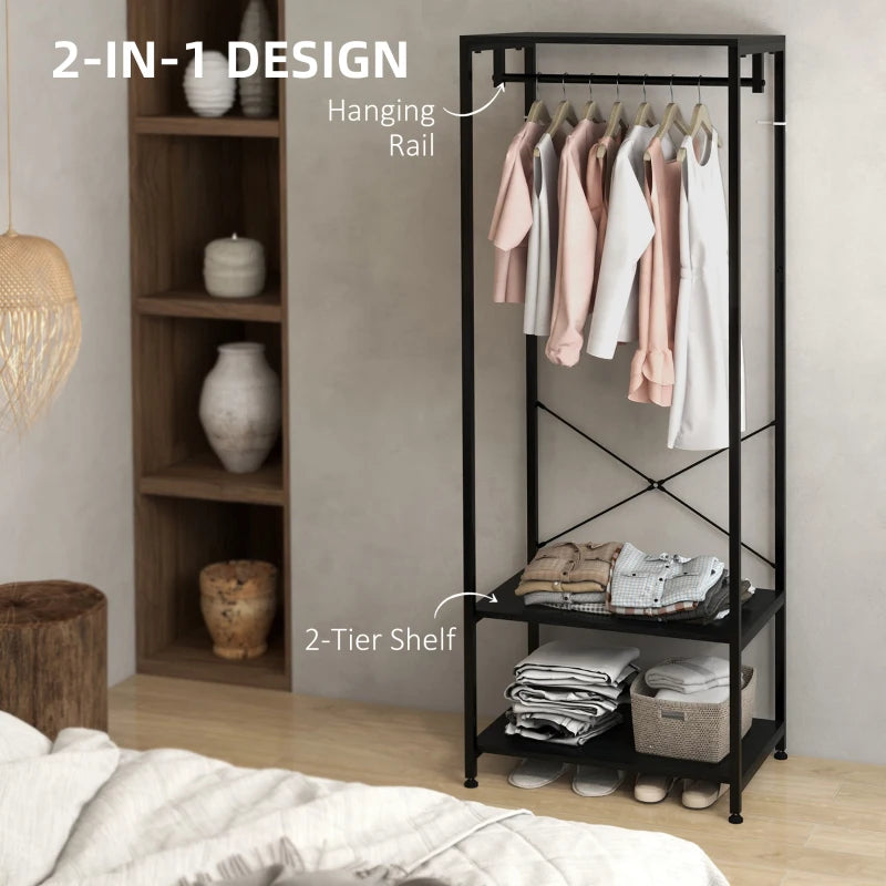 Slimline Steel Frame Coat Rack with Hanger Rail and 2-Tier Shoe Shelving