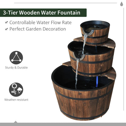 3-Tier - 3 Wooden Barrel Cascading Water Fountain Garden Feature with Pump