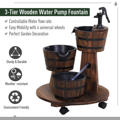 3-Tier Wooden Barrel Cascading Water Fountain Garden Feature with Pump