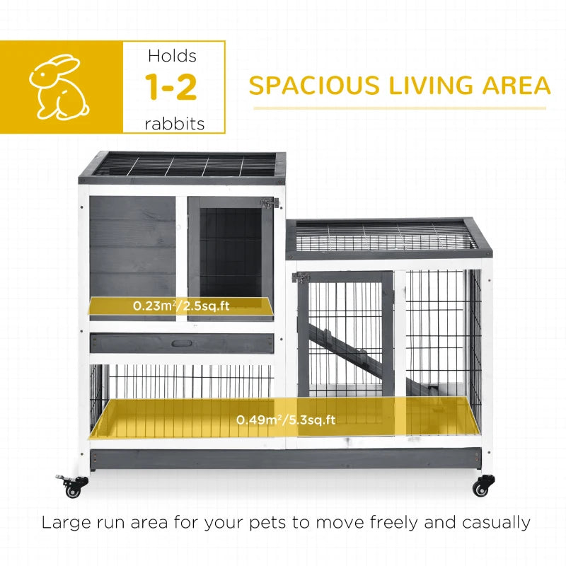 2-Tier - Wooden Rabbit Hutch on Wheels with Enclosed Run - Grey