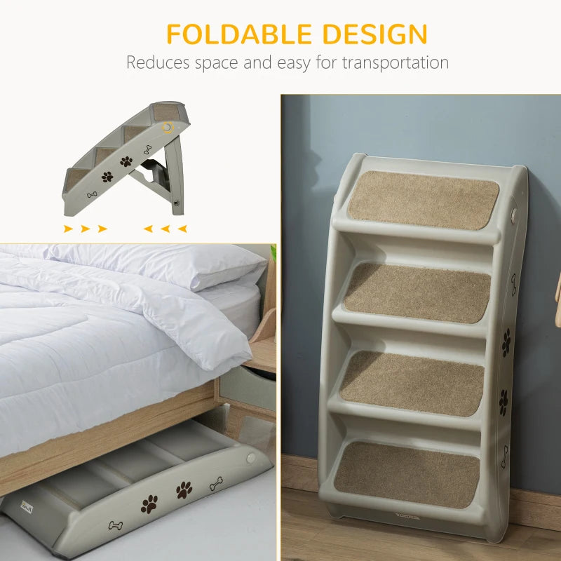 4-Step Foldable Pet Stairs with Plastic Surrounding and Anti Slip Carpeting - Grey