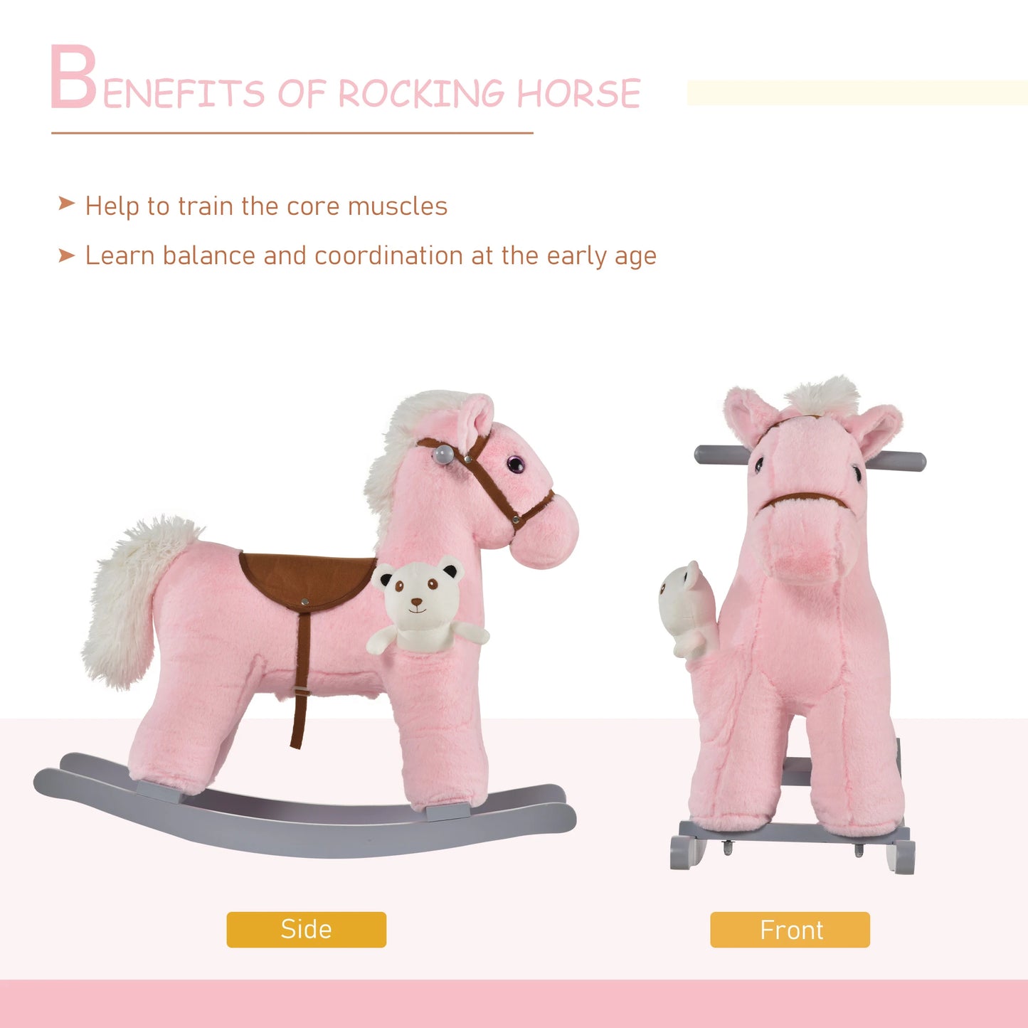 Plush Ride on Rocking Horse with Cuddle Toy Pocket - Pink