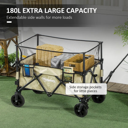 180 Litre - Folding Garden Trolley with Extendable Mesh Side Wall Surrounding - Khaki