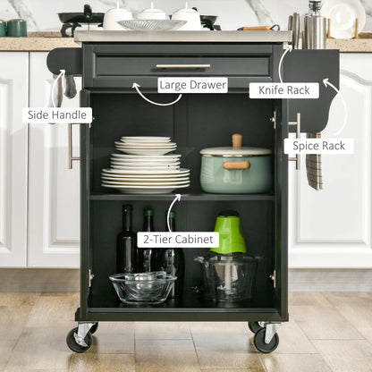 Mobile Kitchen Island / Serving Cart on Wheels with Stainless Steel Worktop - Black