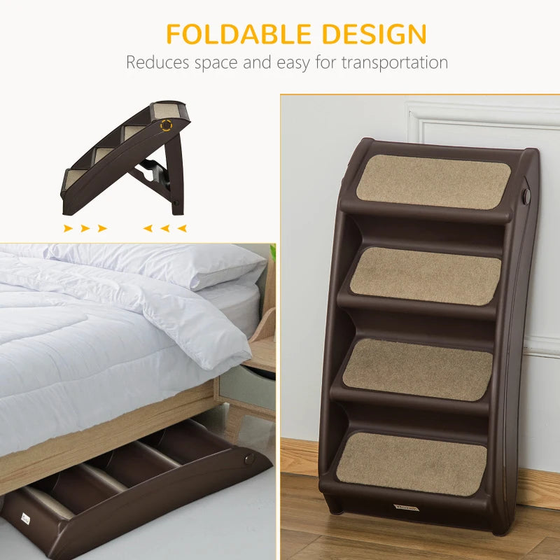 4-Step Foldable Pet Stairs with Plastic Surrounding and Anti Slip Carpeting - Brown