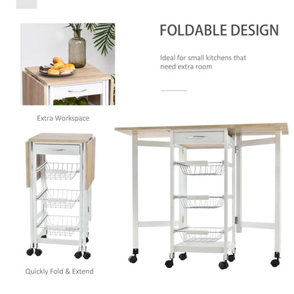 Drop Leaf Kitchen Cart Trolley with 3 Wire Basket Drawers and Extendable Countertop