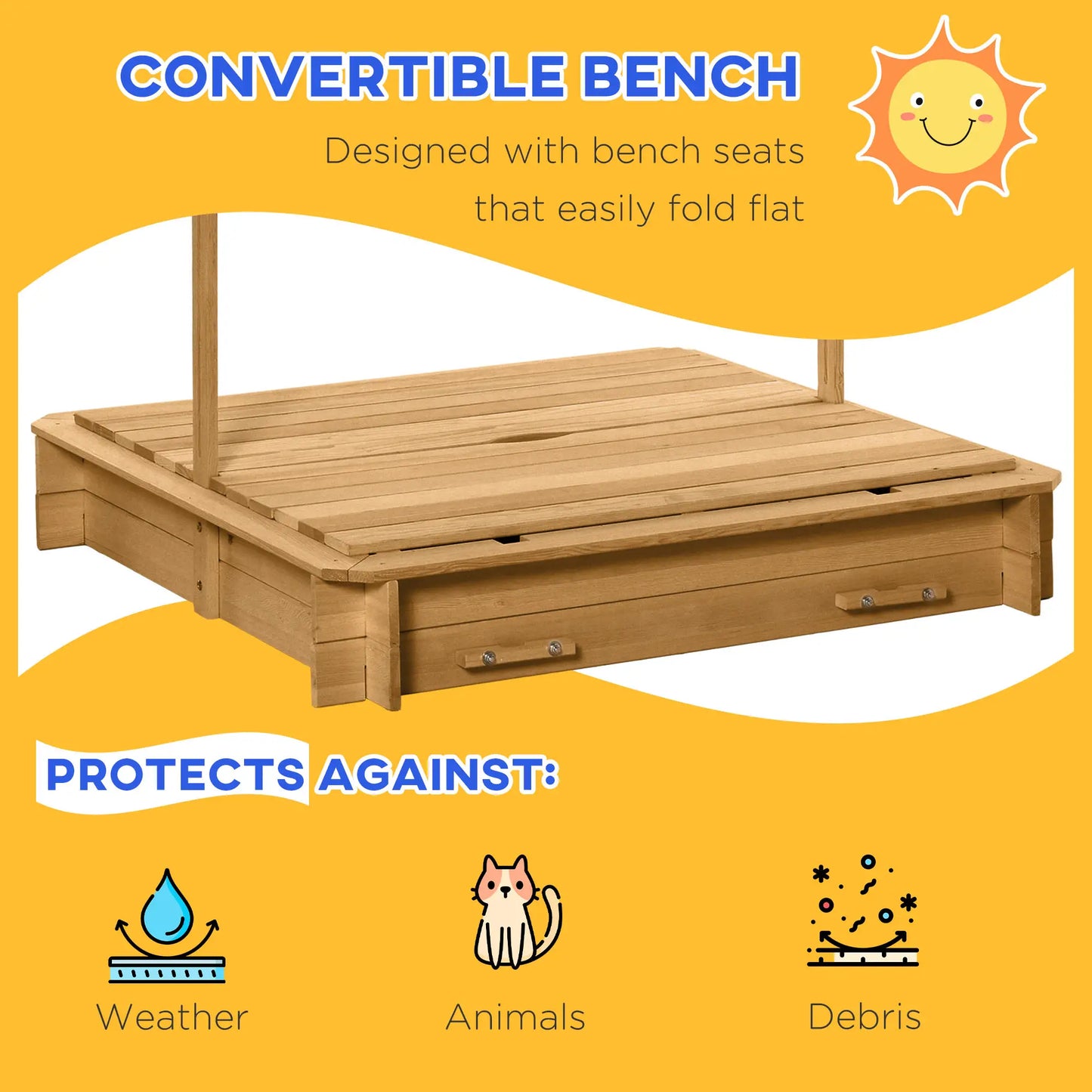 Kids Square Wooden Sandpit with 2 Benches and Adjustable Canopy - Green