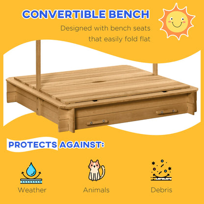 Kids Square Wooden Sandpit with 2 Benches and Adjustable Canopy - Green