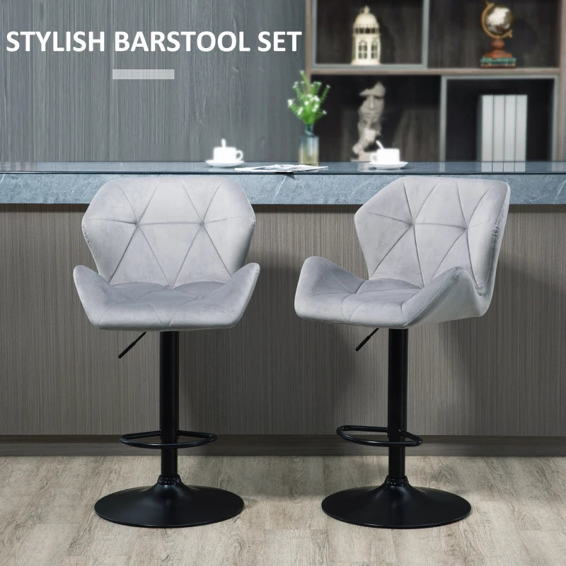 Set of 2 Geometric Style Velvet Barstools / Breakfast Bar Stools with Adjustable Height and Footrest - Grey