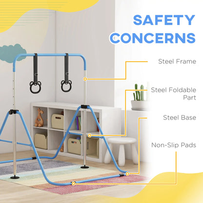 Adjustable Height Gymnastics Bar with Gymnastic Rings Attachment Included - For Kids - Blue