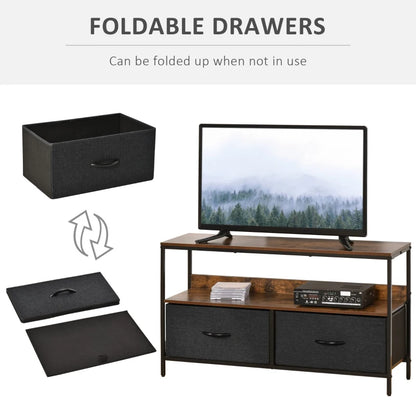 Dark Oak Style Compact TV Stand / Media Centre Unit with 2 Foldable Linen Drawers & Shelving