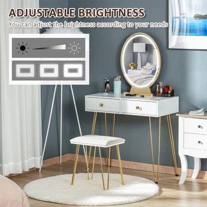 Dressing Table with Built in LED Circular Mirror, 2-Drawer Storage and Cushioned Stool