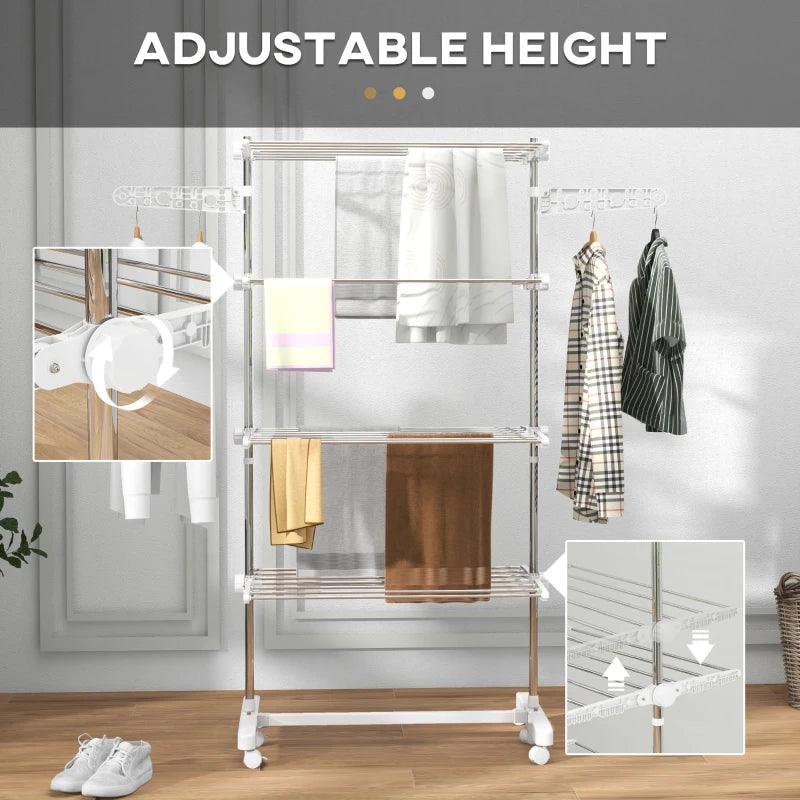 4-Shelf Collapsing Clothes Horse / Airer with Side Arms and Wheels