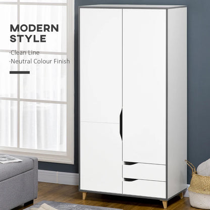 Modern Wardrobe with Handle Cut Outs, Hanging Rail, Underneath Storage Section and 2-Pull Out Drawers - White