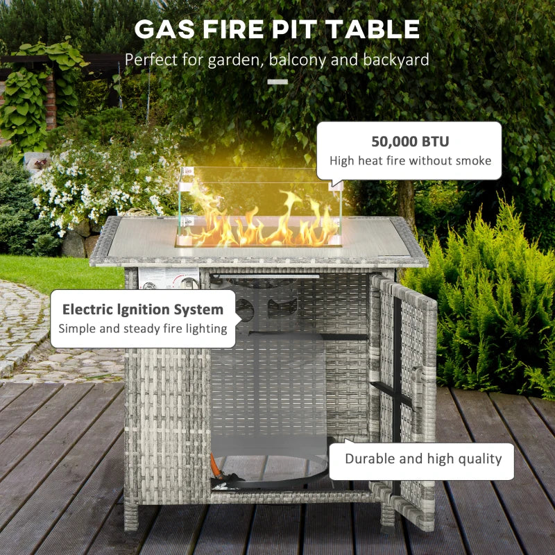 50,000 BTU - Rattan Style Fire Pit Table with Glass Windscreen and Rain Cover