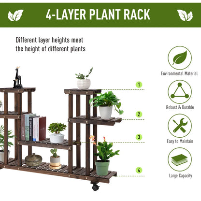 4 Tier - Plant Stand with Wheels and Brakes, Floor-standing Wooden Flower Rack