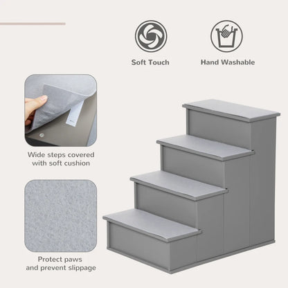 Wooden 4-Step Pet Stairs / Ladder with Anti Slip Carpet Mats - Grey