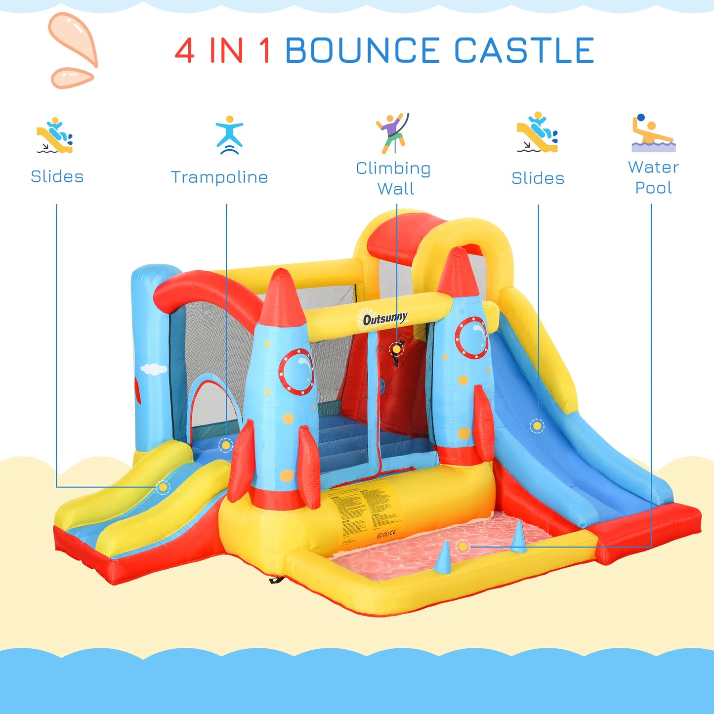 Kids Bouncy Castle with Rocket Ship Design and Paddle Pool