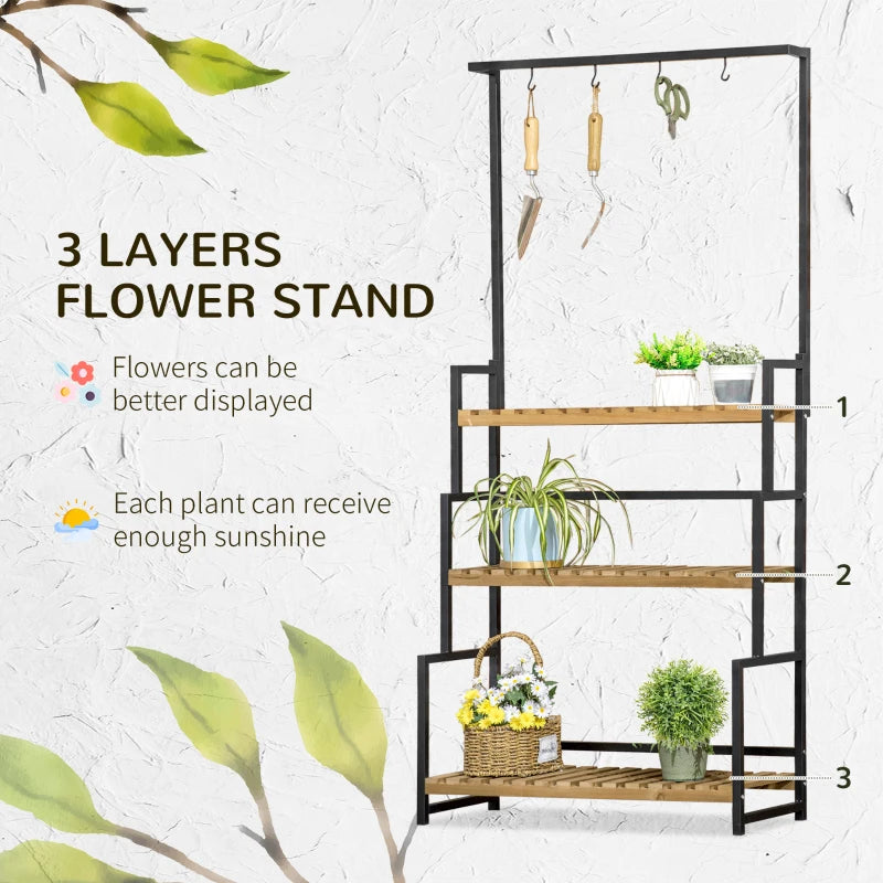 3-Tier Industrial Style Plant Stand / Flower Rack Shelf with Hanging Hooks