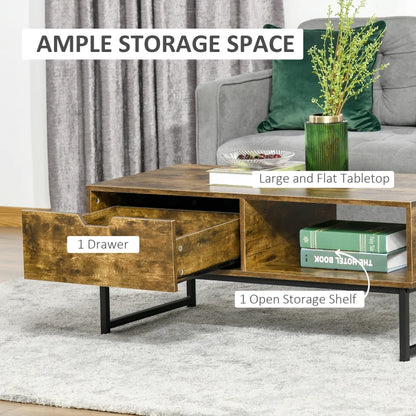 Rustic Style Coffee Table with Storage Shelf, Drawer and Metal Frame