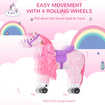 Plush Walking / Ride on Horse Toy with Wheels and Sounds - Pink